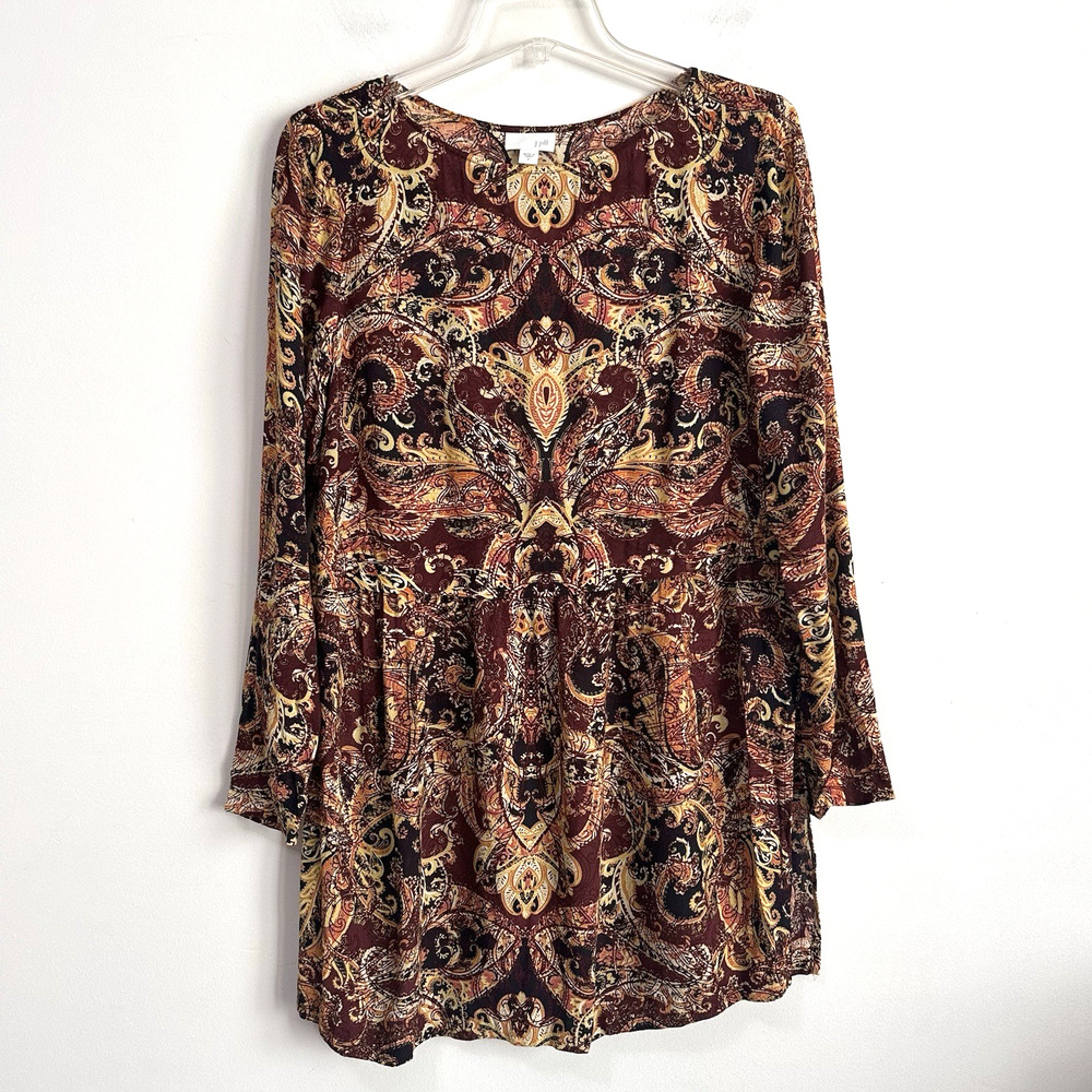 J Jill Paisley Print Peplum Top Tunic S Long‎ Sleeve Split Hem Pullover Rayon